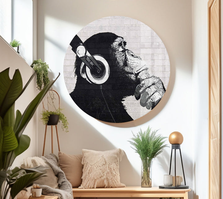 Banksy Dj Monkey Headphones Tempered Glass Wall Art - MyPhotoStation - Artdesigna Glass Printing Wall Arts - Banksy Art for Sale