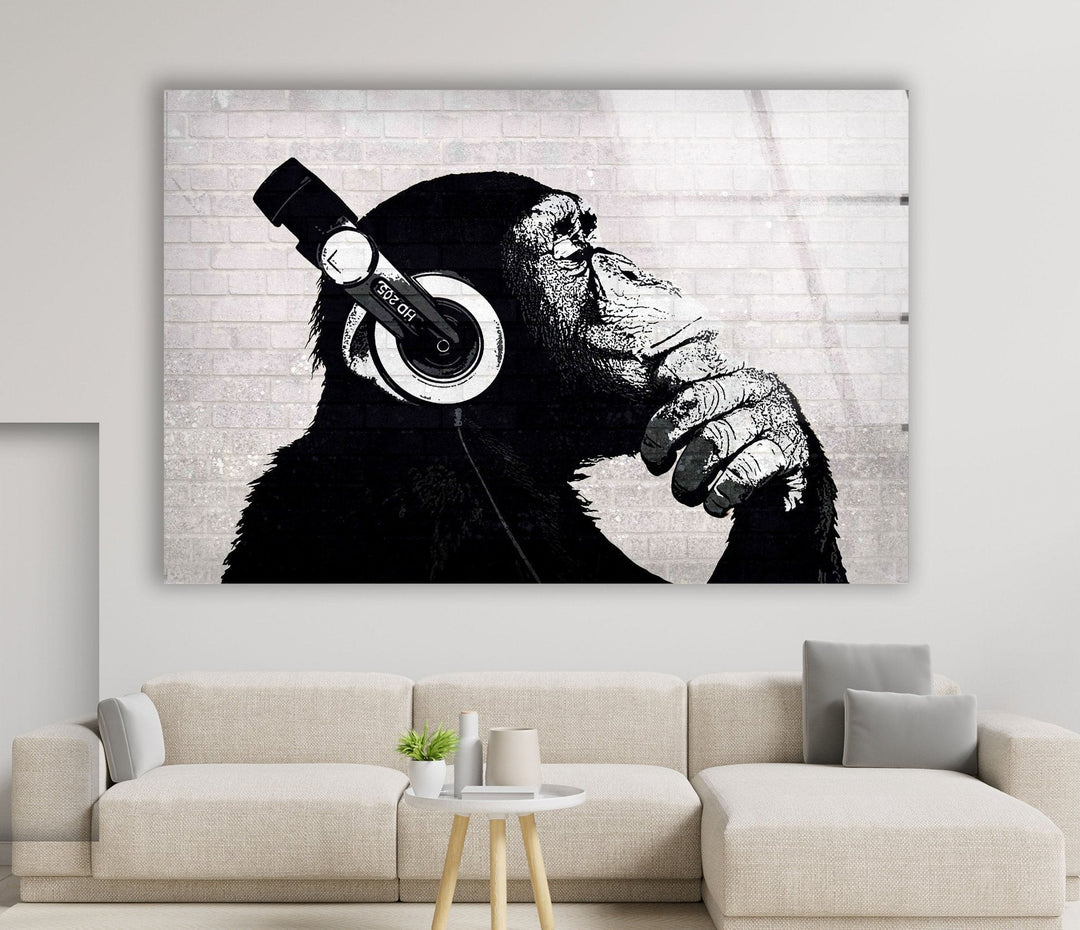 Banksy Dj Monkey Headphones Glass Wall Art -  Artdesigna Glass Printing Wall Arts - Banksy original art for sale