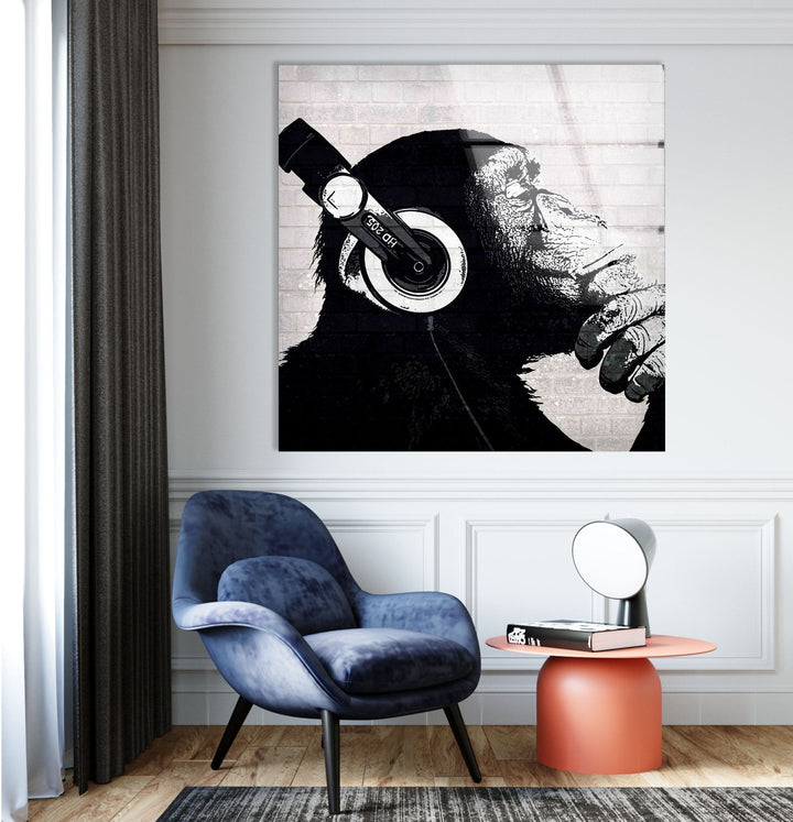 Banksy Dj Monkey Headphones Glass Wall Art - Artdesigna Glass Printing Wall Arts - Banksy Art Prints