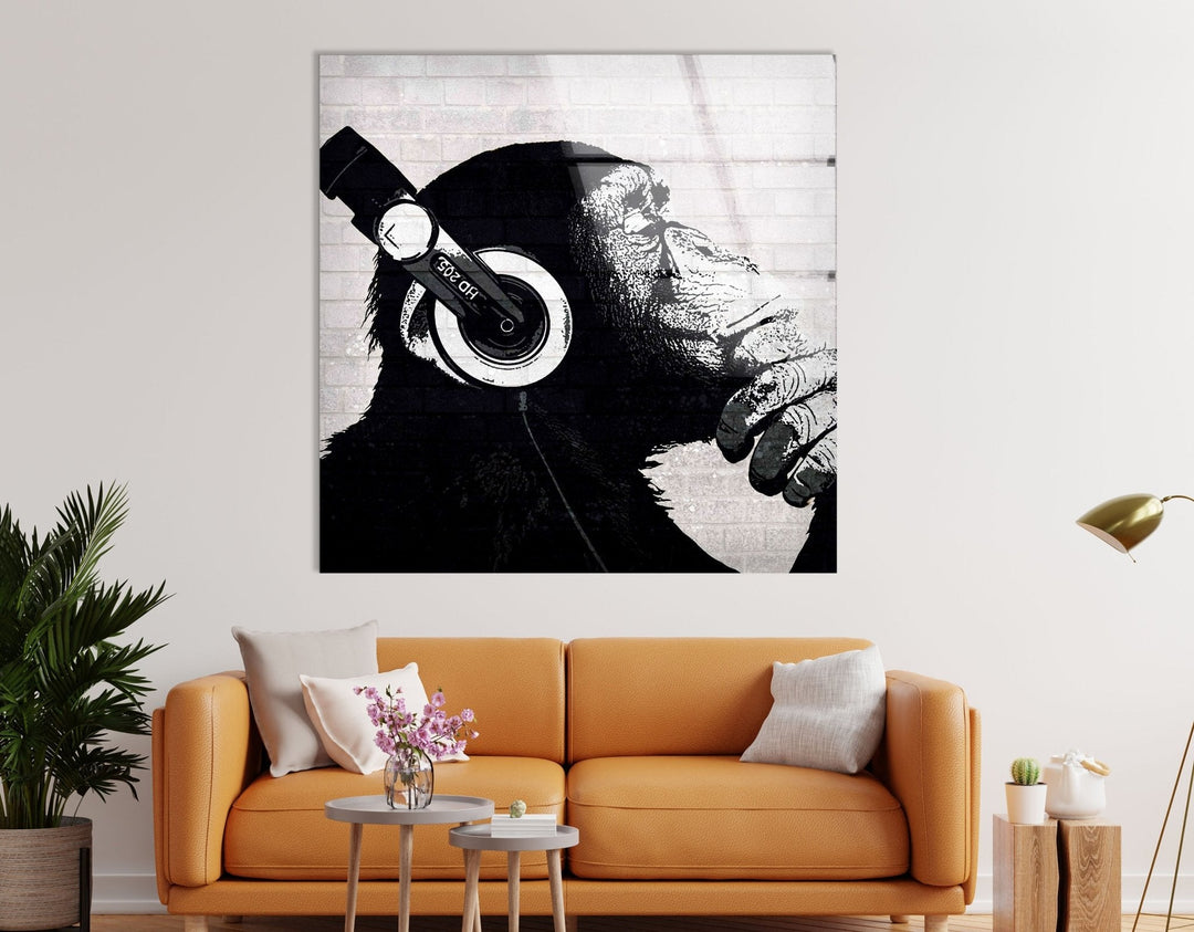 Banksy Dj Monkey Headphones Glass Wall Art - Artdesigna Glass Printing Wall Arts - Buy Banksy Art