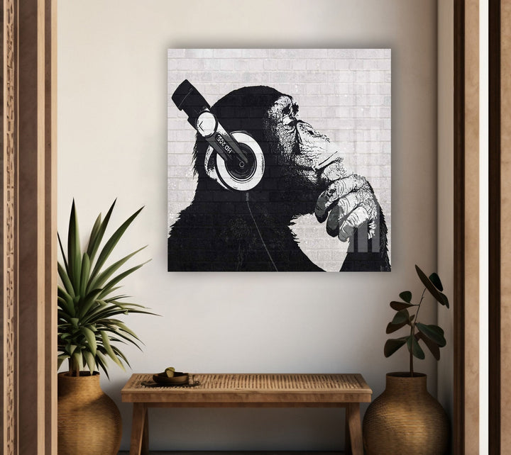 Banksy Dj Monkey Headphones Tempered Glass Wall Art - MyPhotoStation - Artdesigna Glass Printing Wall Arts - Banksy Prints