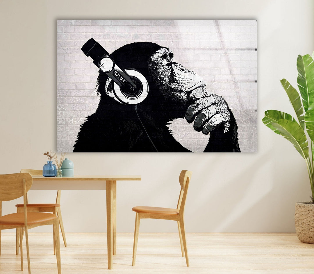 Banksy Dj Monkey Headphones Glass Wall Art - Artdesigna Glass Printing Wall Arts - Banksy prints for sale