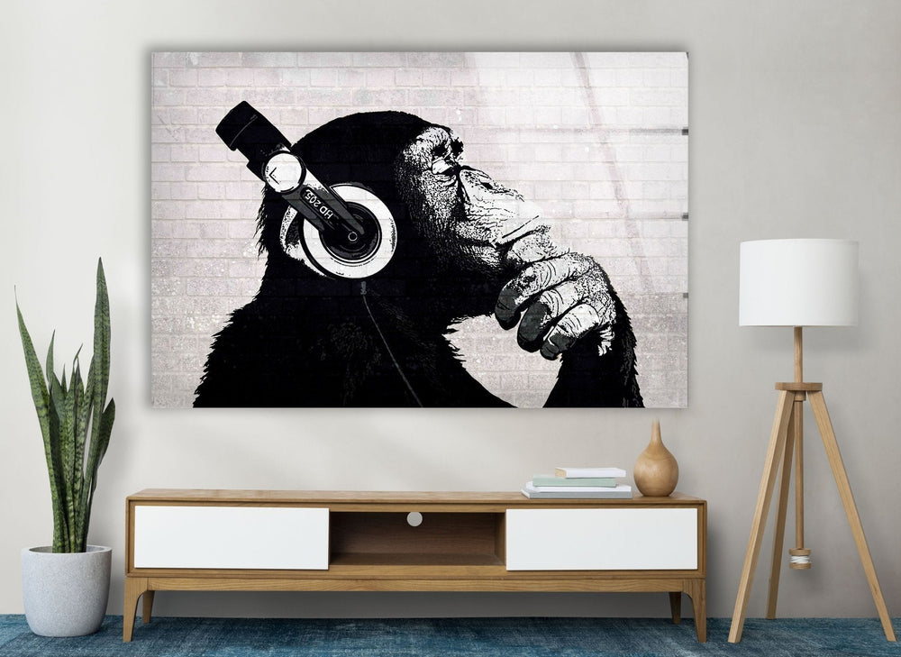 Banksy Dj Monkey Headphones Glass Wall Art - Artdesigna Glass Printing Wall Arts - Banksy Artwork for Sale