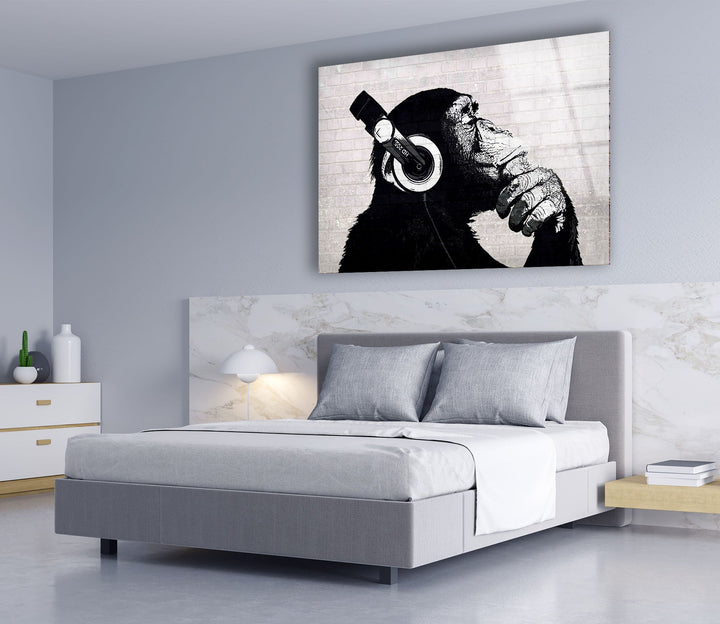 Banksy Dj Monkey Headphones Glass Wall Art - Artdesigna Glass Printing Wall Arts - Banksy Artwork for Sale