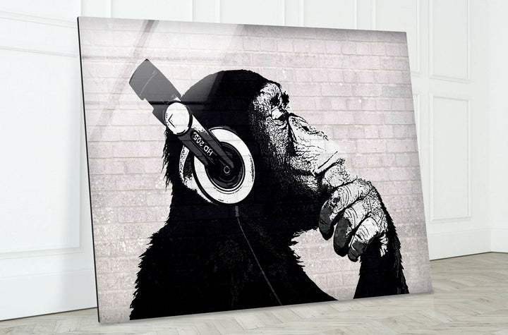 Banksy Dj Monkey Headphones Glass Wall Art - Artdesigna Glass Printing Wall Arts - Banksy paintings for sale