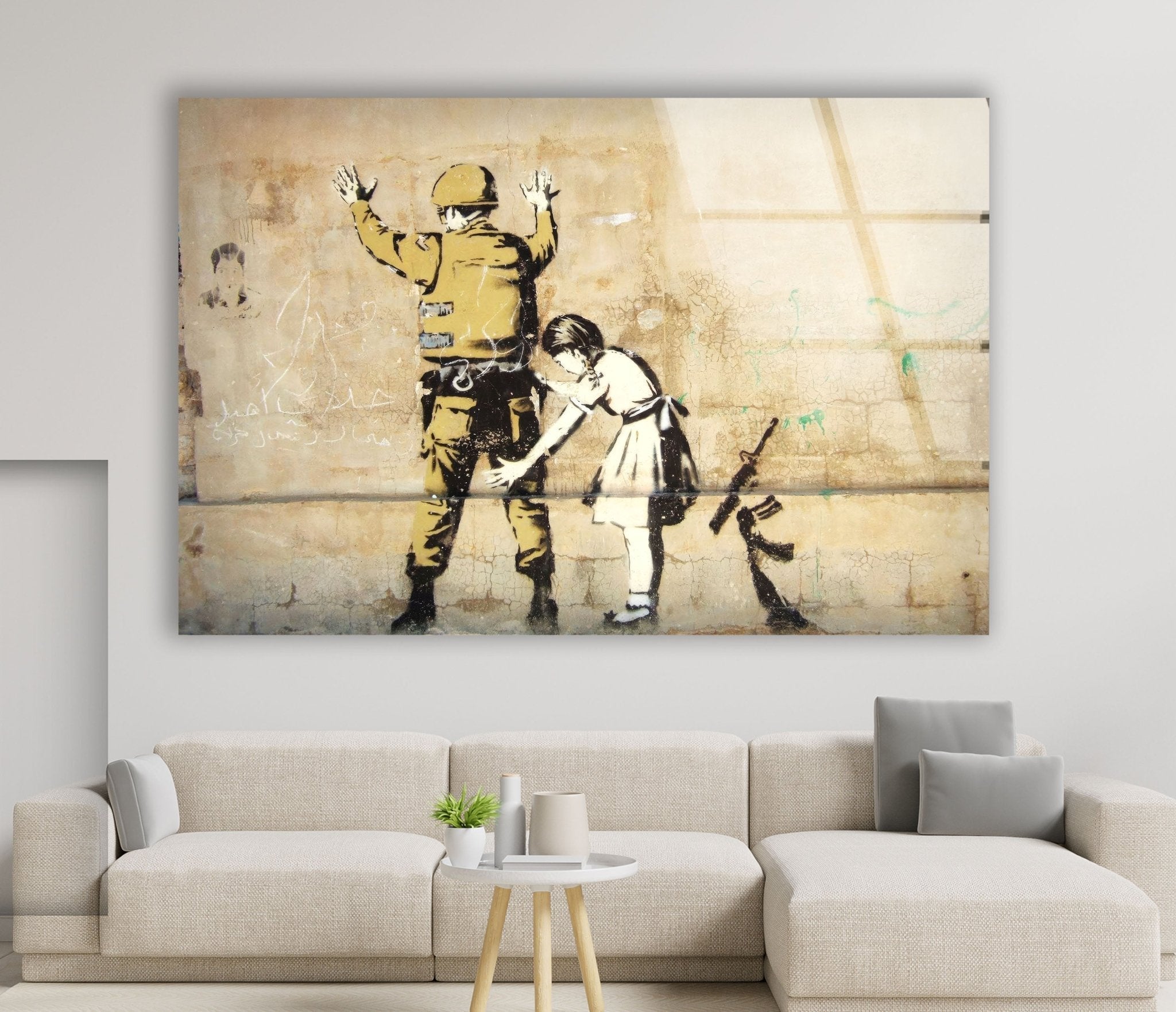 Glass Wall Art, Wall Decoration, Glass Printing, Girl And Solider outlet Glass Art, Banksy Glass Printing, Street Glass Printing, Graffiti Tempered