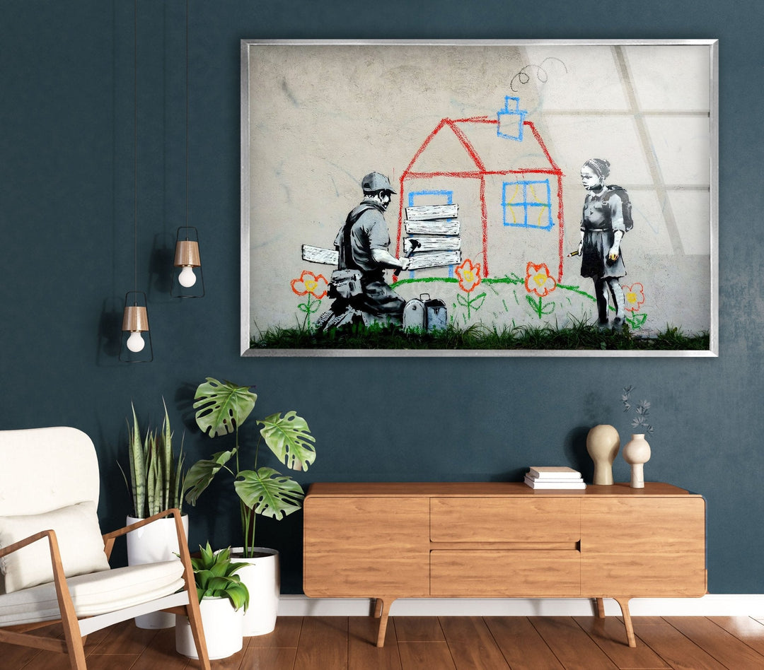 a living room with a painting on the wall