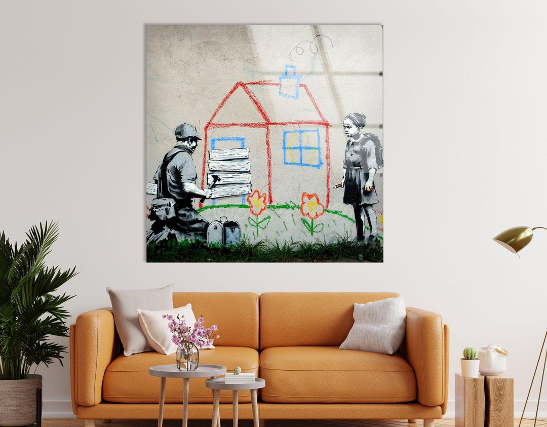 Banksy Kids House Tempered Glass Wall Art - Purchase Banksy art to transform your home decor with vibrant, iconic pieces. Explore our collection of Banksy wall art, paintings, and prints for sale. Add a contemporary touch with Banksy artwork for sale and find the perfect piece to elevate any space. - Artdesigna wall art - insigneart wall art