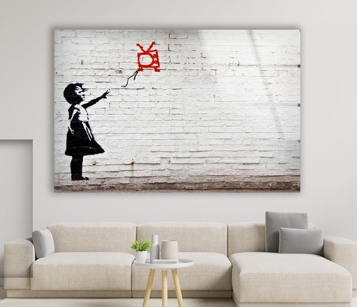 Banksy Kite Girl Tempered Glass Wall Art - Artdesigna Glass Printing Wall Arts - Banksy prints for sale