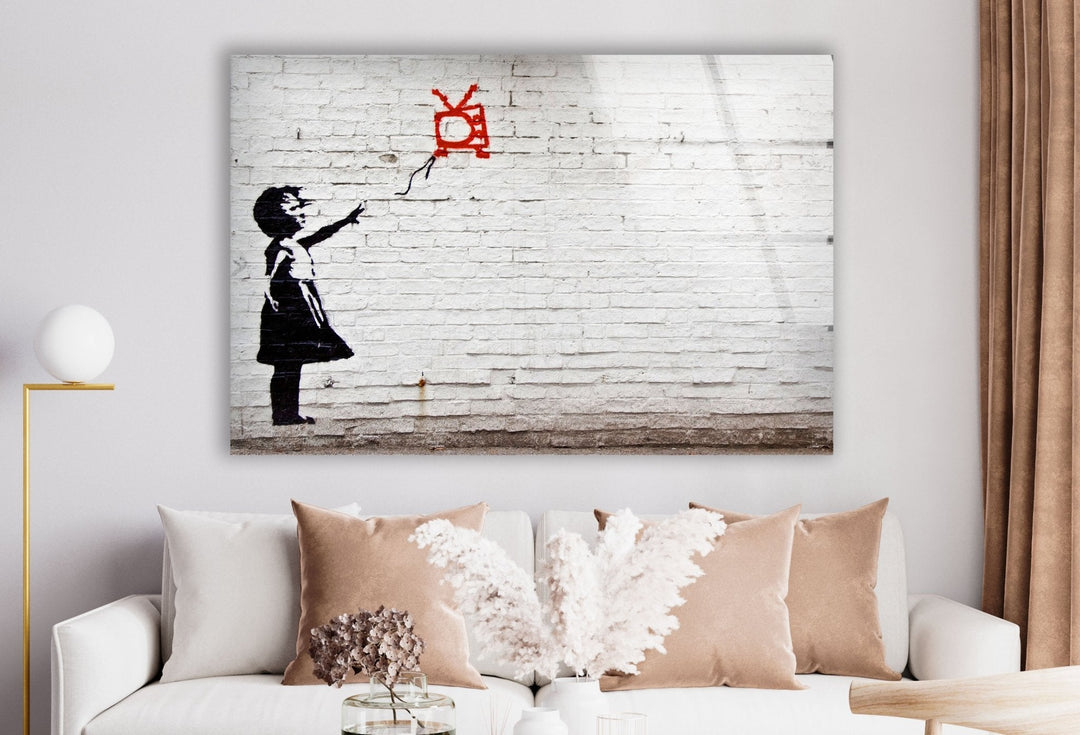 Banksy Kite Girl Tempered Glass Wall Art - Artdesigna Glass Printing Wall Arts - Large Banksy Wall Art