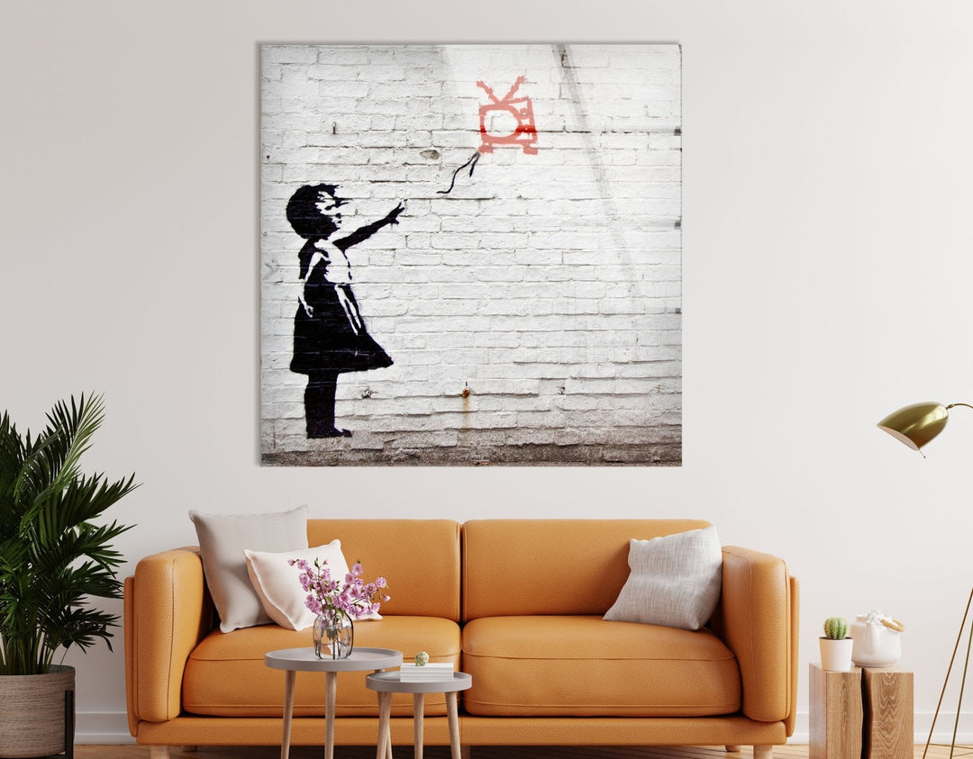 Banksy Kite Girl Tempered Glass Wall Art - Artdesigna Glass Printing Wall Arts - Banksy Art for Sale