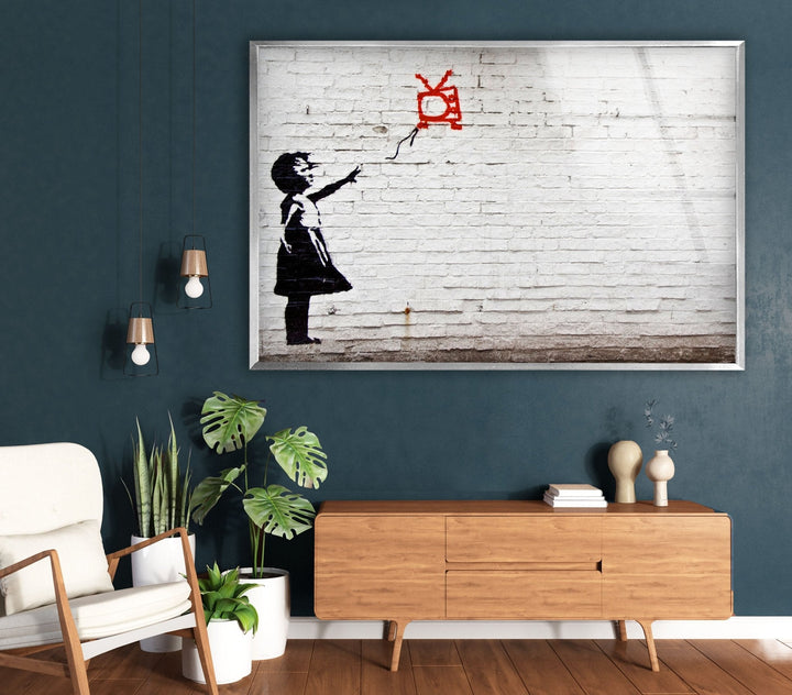 Banksy Kite Girl Tempered Glass Wall Art - Artdesigna Glass Printing Wall Arts - Banksy original art for sale