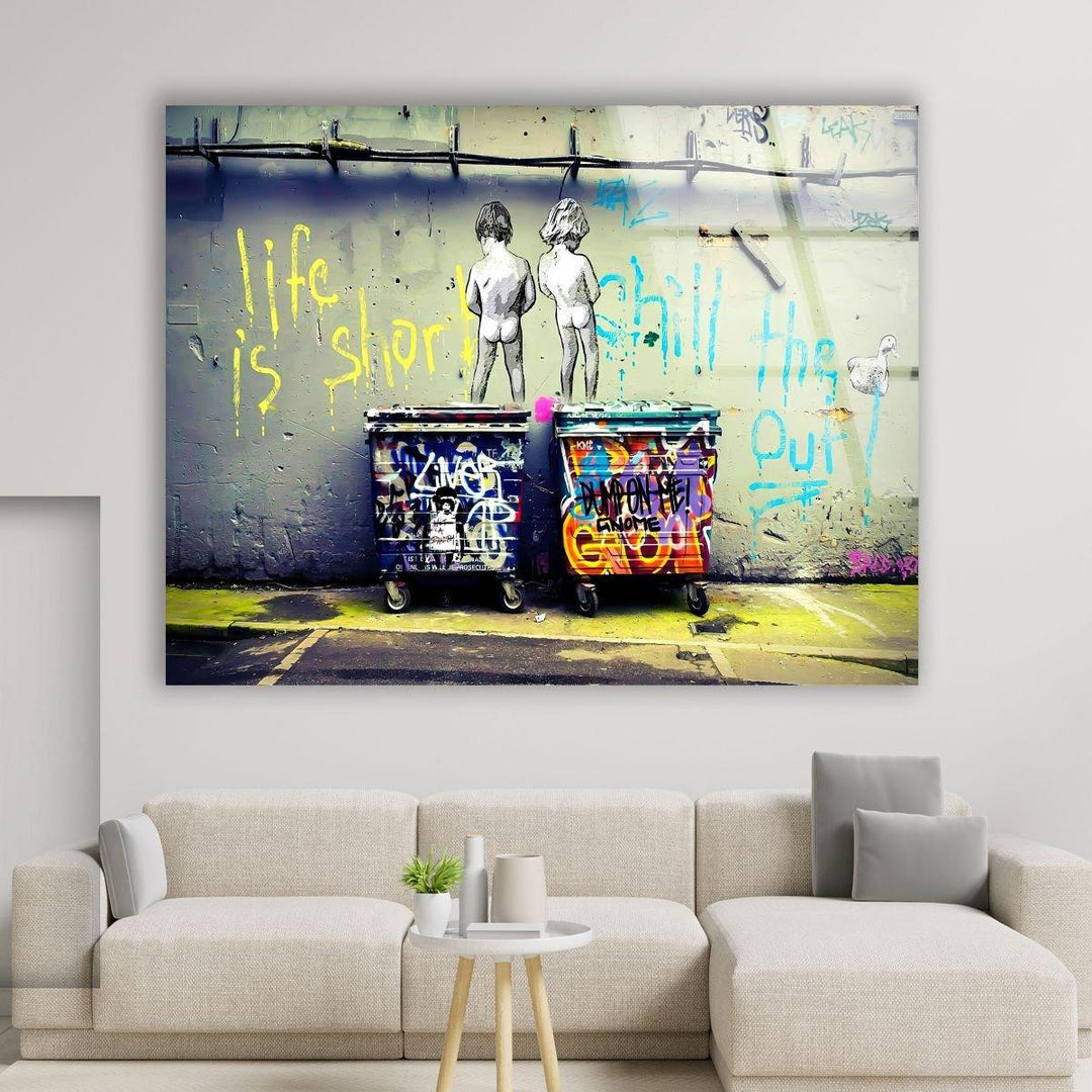 banksy life is short glass wall art. Banksy paintings for sale.