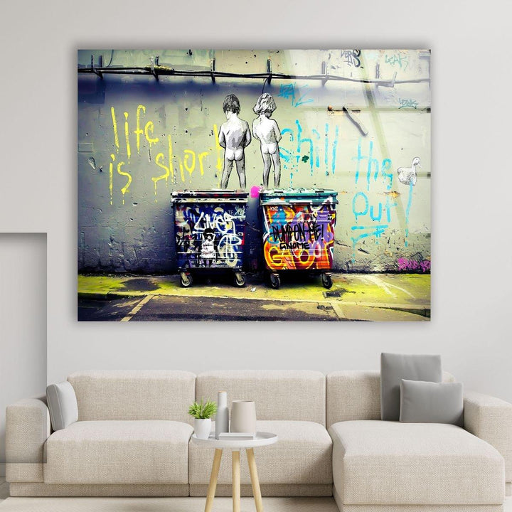 banksy life is short glass wall art. Banksy paintings for sale.