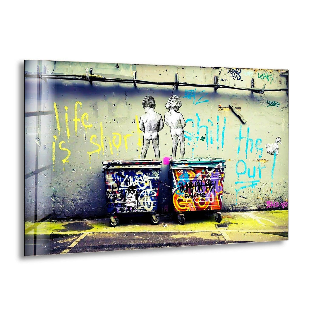 Banksy Life is Short Glass Wall Art. Banksy Art for Sale.