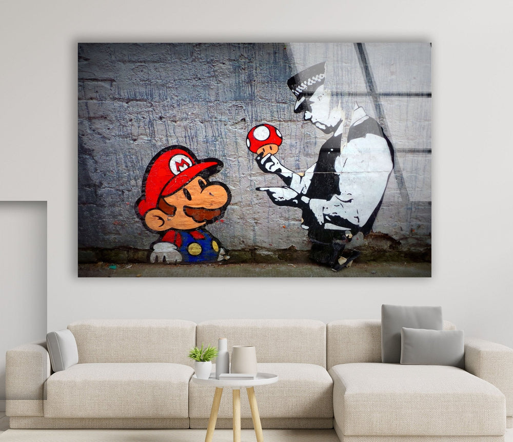 Banksy Mario and Police Man Glass Wall Art . Banksy paintings for sale 