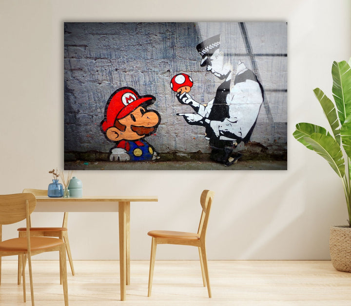 Banksy Mario and Police Man Glass Wall Art . banksy prints