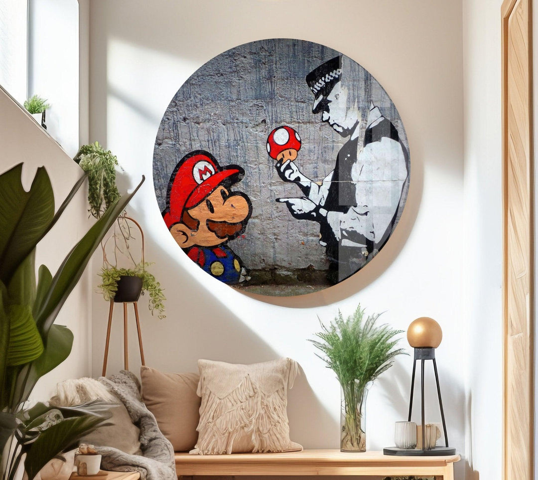 Banksy Mario and Cop Police Man Tempered Glass Wall Art - MyPhotoStation