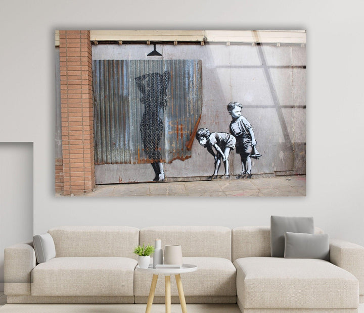 Banksy Shower Peeping Boys Glass Wall Art - Discover unique Banksy prints and elevate your home decor with the artist's iconic designs. Our collection of Banksy wall art and paintings for sale offers something for every taste. Purchase Banksy art today and bring contemporary flair to your walls.