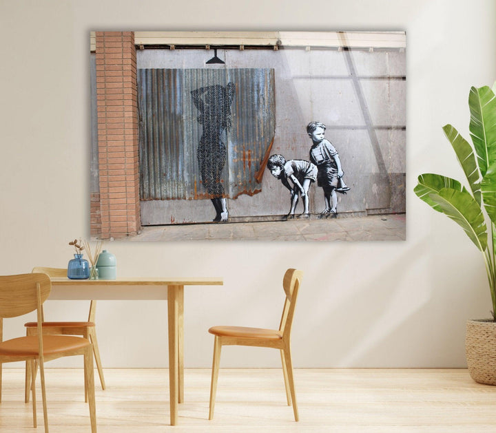 Banksy Shower Peeping Boys Glass Wall Art - Our Banksy art for sale includes a variety of pieces, from famous works to unique interpretations, all meticulously printed on reinforced tempered glass. This medium not only enhances the vivid colors and intricate details of Banksy's work but also ensures durability and longevity. Ideal for both indoor and outdoor use, these pieces are versatile and built to last.