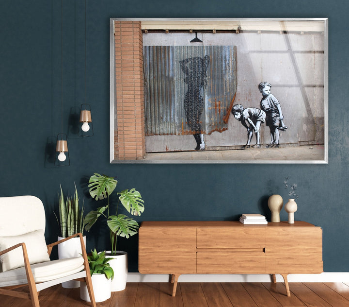 Banksy Shower Peeping Boys Framed Wall Art