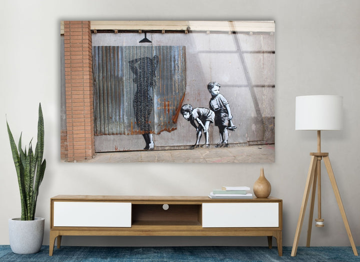 Banksy Shower Peeping Boys Glass Wall Art - Shop Banksy artwork for sale and bring the famous street artist's work into your home. From Banksy wall art to original paintings, our collection has something for every art lover. Purchase Banksy art and transform your decor with bold, contemporary pieces.