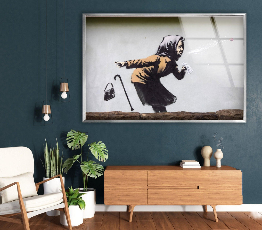 Banksy Sneezing Woman Glass Wall Art - Artdesigna Glass Printing Wall Arts - Banksy Artwork for Sale