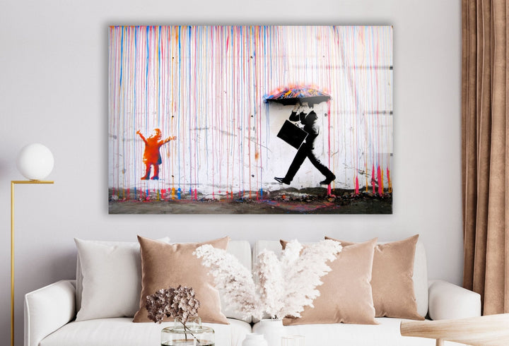 Banksy Umbrella Man Rainbow Rain Wall Art - Artdesigna Glass Printing Wall Arts - Banksy Prints - Explore Banksy original art for sale and bring the renowned street artist's work into your space. Our collection includes large Banksy wall art, prints, and paintings. Purchase Banksy art and add a bold, artistic touch to your home decor today.