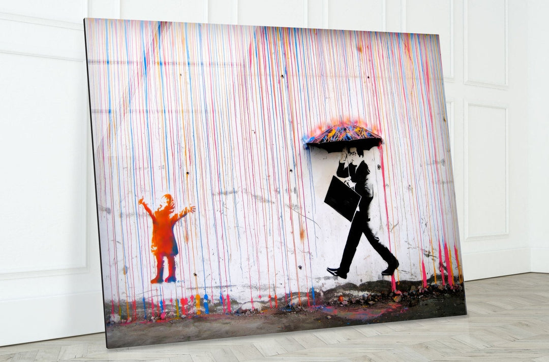 Banksy Umbrella Man Rainbow Rain Tempered Glass Wall Art - Find the best Banksy paintings for sale and add a touch of modern street art to your decor. Our Banksy art for sale includes a variety of prints, paintings, and original pieces. Purchase Banksy art and enhance your living space with iconic imagery. - Artdesigna Glass Printing Wall Arts - Buy Banksy Art