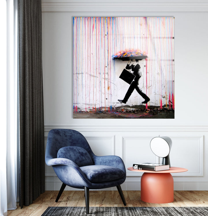 Banksy Umbrella Man Rainbow Rain Glass Wall Art - Artdesigna Glass Printing Wall Arts - Banksy Art for Sale Artdesigna Glass Printing Wall Arts - Banksy paintings for sale Artdesigna Glass Printing Wall Arts - Banksy original art for sale Artdesigna Glass Printing Wall Arts - Large Banksy Wall Art