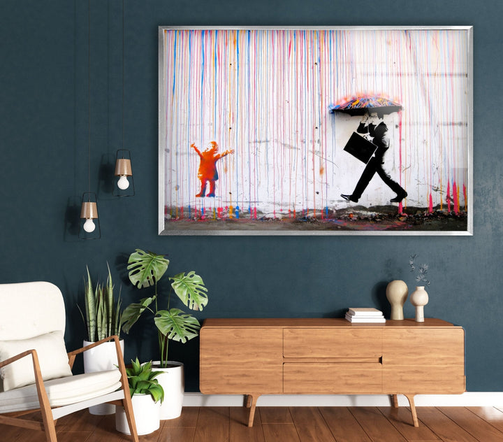 Banksy Umbrella Man Rainbow Rain Tempered Glass Wall Art - Browse Banksy art prints and discover a range of stunning designs to elevate your walls. With Banksy prints for sale in various sizes, including large Banksy wall art, you can find the perfect piece to complement your home's style. Buy Banksy art today. - Artdesigna Glass Printing Wall Arts - Banksy prints for sale