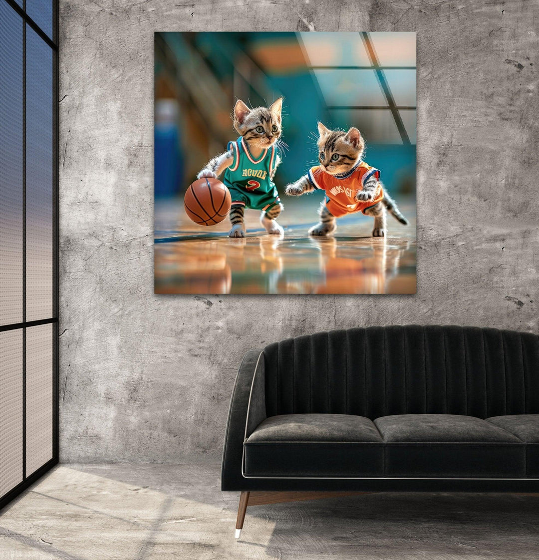 Basketball Player Cats Glass Wall Art custom glass pictures, glass art prints