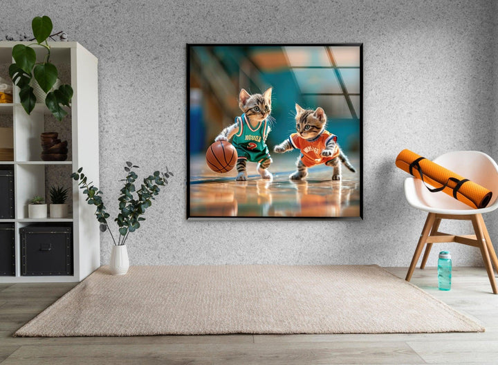 Basketball Player Cats Glass Wall Art photo print on glass, prints on glass wall art