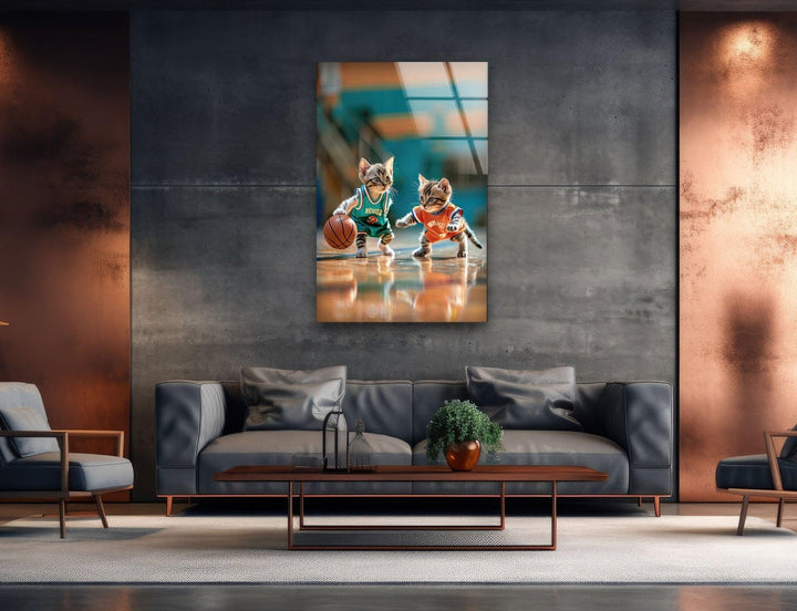 Basketball Player Cats Glass Wall Art print on glass, glass printed photos