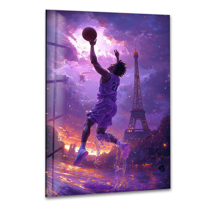 Basketball Player in Paris Glass Wall Art print picture on glass, Tempered Glass Wall Art
