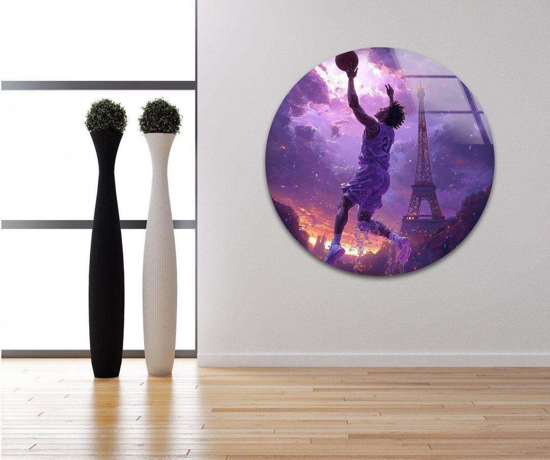 Basketball Player in Paris Glass Wall Art photo print on glass, prints on glass wall art
