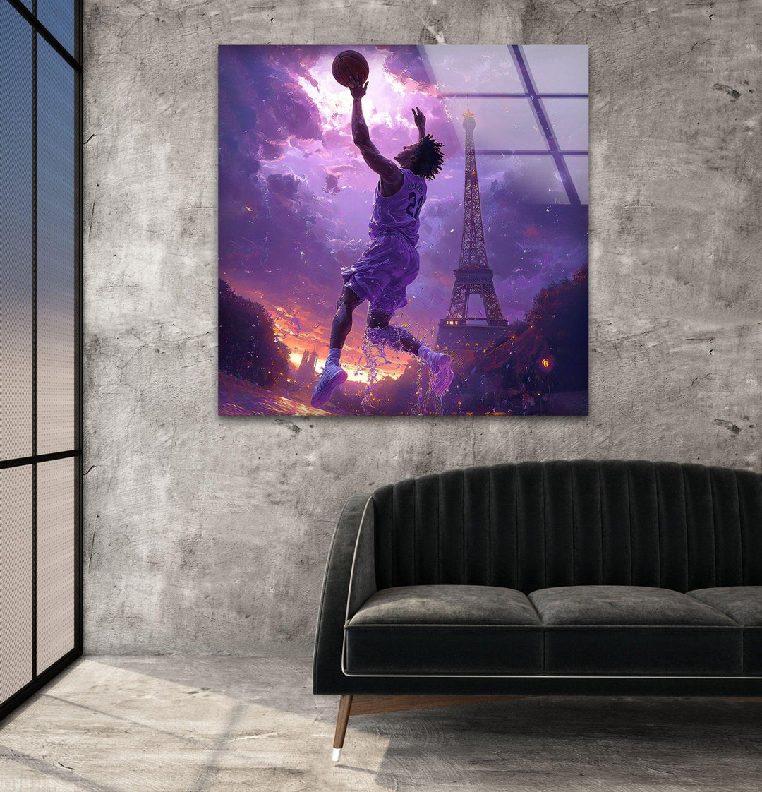 Basketball Player in Paris Glass Wall Art stained glass wall art, stained glass wall decor
