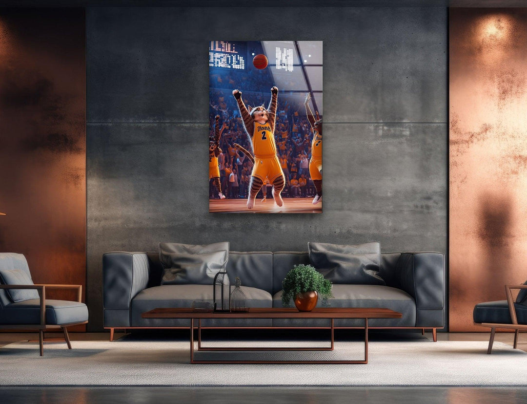 Basketball Players Cat Glass Wall Art custom glass photo prints, large glass prints
