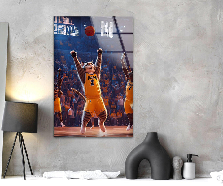 Basketball Players Cat Glass Wall Art picture on glass wall art, photos printed on glass
