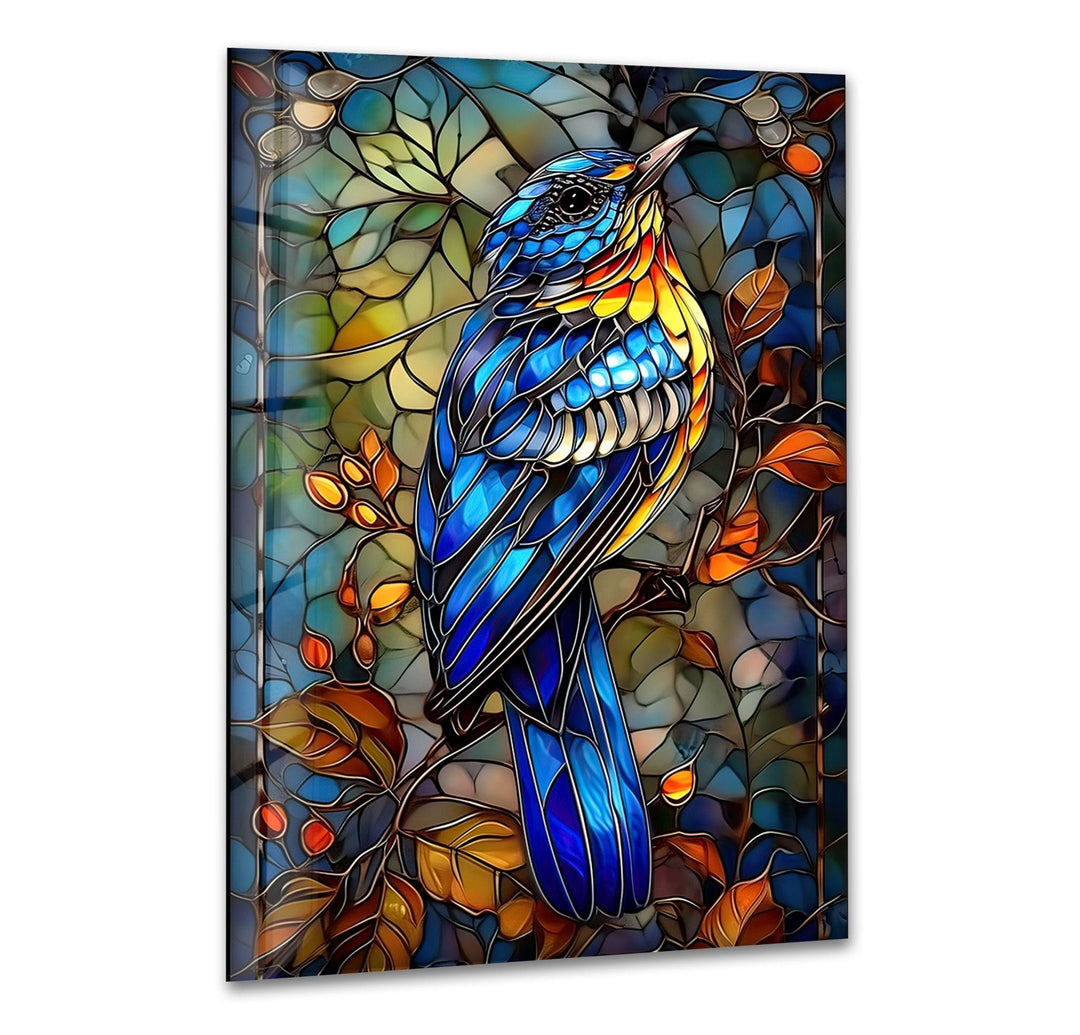 Beautiful Blue Shiny Bird Glass Wall Art  glass art painting, glass art for the Wall
