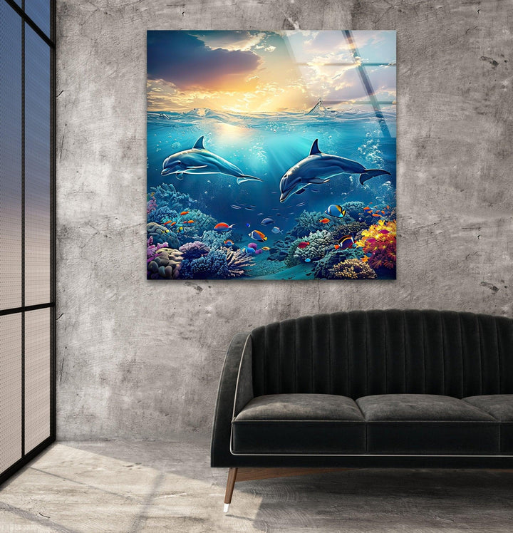 Beautiful Dark Blue Dolphins Glass Wall Art picture on glass wall art, photos printed on glass
