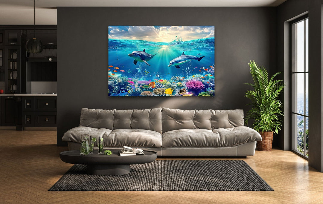 Beautiful Underwater Dolphins Glass Wall Art glass image printing, glass prints from photos
