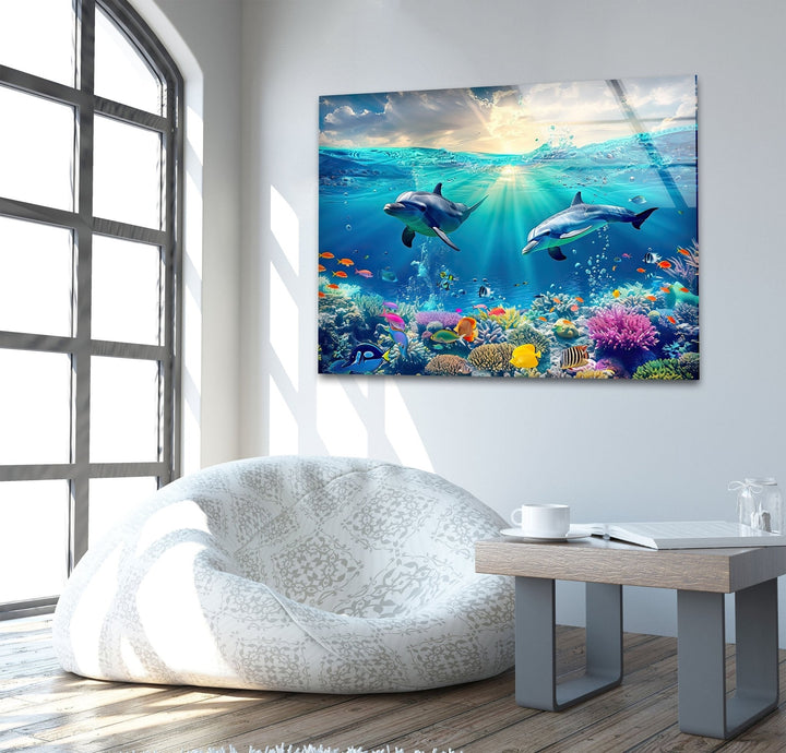 Beautiful Underwater Dolphins Glass Wall Art print on glass, glass printed photos
