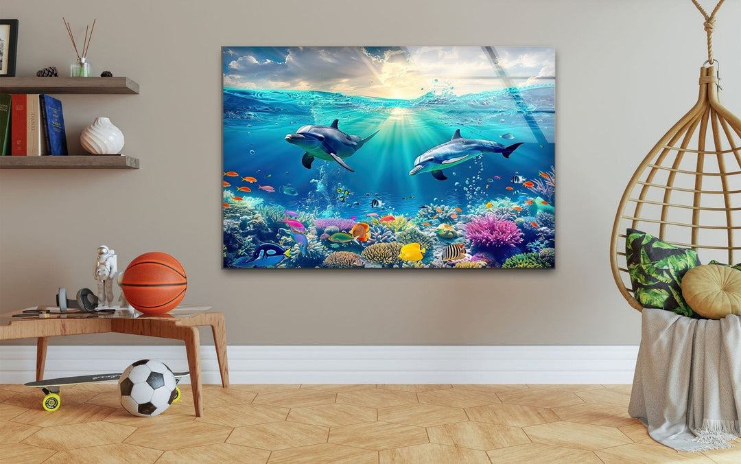 Beautiful Underwater Dolphins Glass Wall Art picture on glass wall art, photos printed on glass
