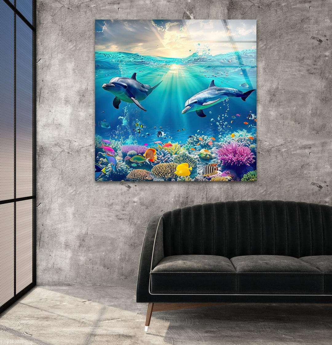 Beautiful Underwater Dolphins Glass Wall Art Beautiful Underwater Dolphins Glass Wall Art