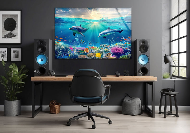 Beautiful Underwater Dolphins Glass Wall Art photo print on glass, prints on glass wall art
