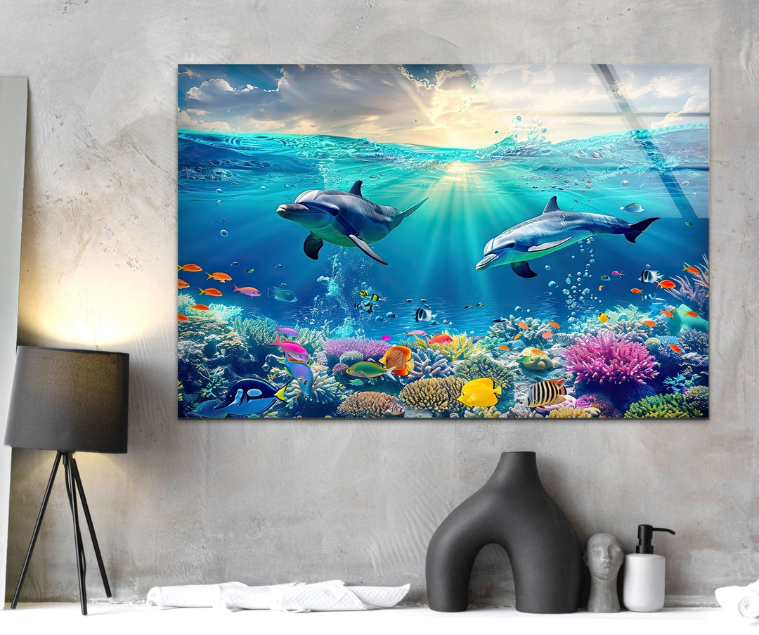 Beautiful Underwater Dolphins Glass Wall Art custom glass photo prints, large glass prints
