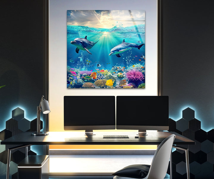 Beautiful Underwater Dolphins Glass Wall Art custom glass pictures, glass art prints
