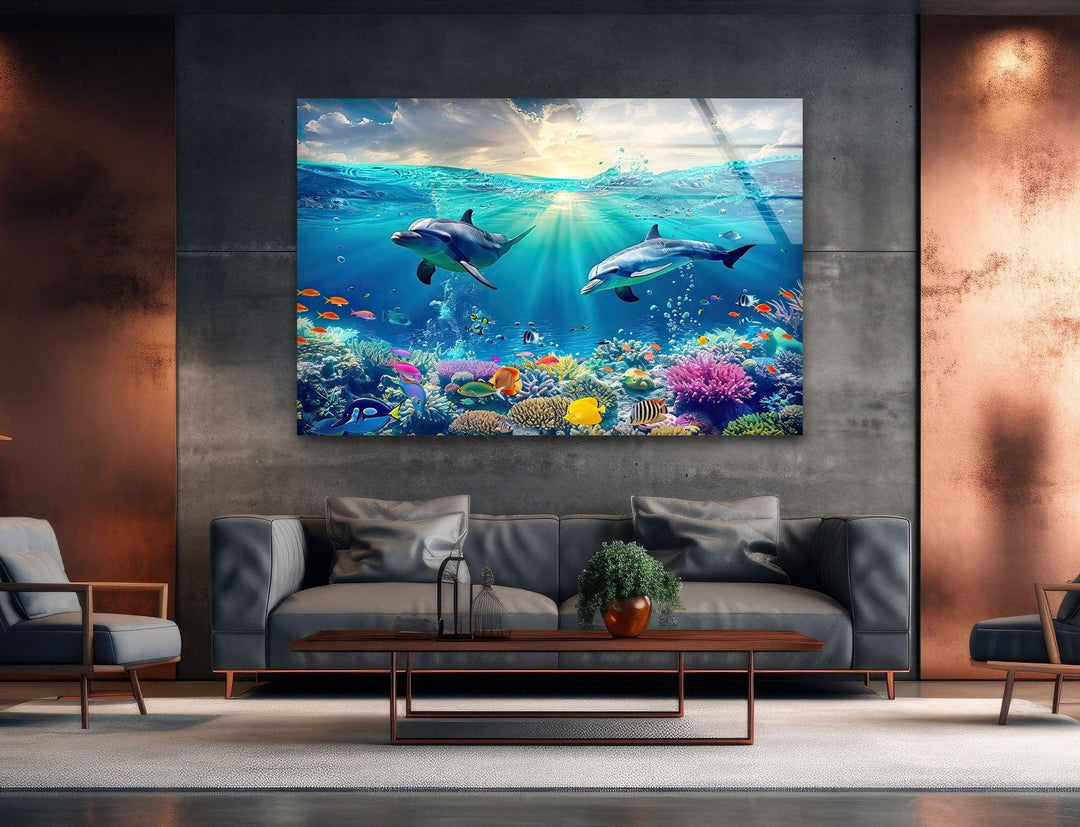 Beautiful Underwater Dolphins Glass Wall Art large glass photo prints, glass wall photos
