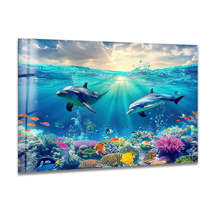 Beautiful Underwater Dolphins Glass Wall Art glass photo prints, glass picture prints
